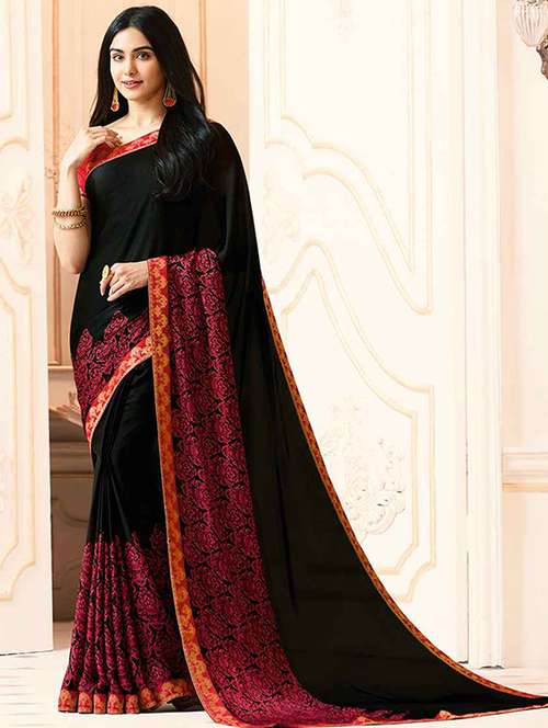 black georgette printed saree with blouse - 19555277 - Standard Image - 0
