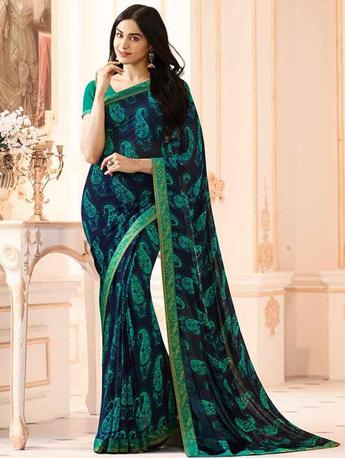 blue georgette printed saree with blouse - 19555279 -  Standard Image - 0