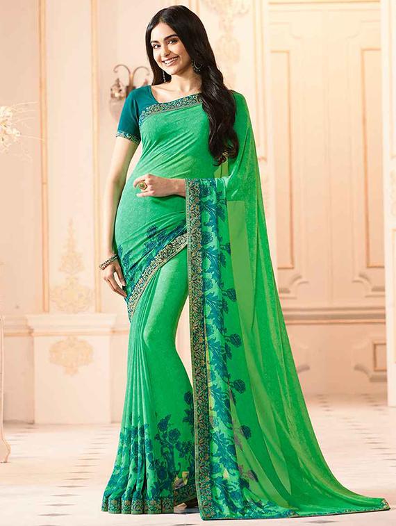 green georgette printed saree with blouse - 19555282 - Zoom Image - 0