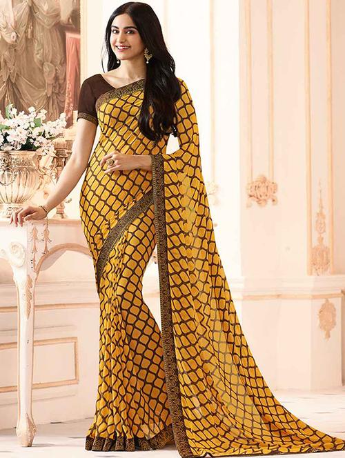 yellow georgette printed saree with blouse - 19555288 - Standard Image - 0