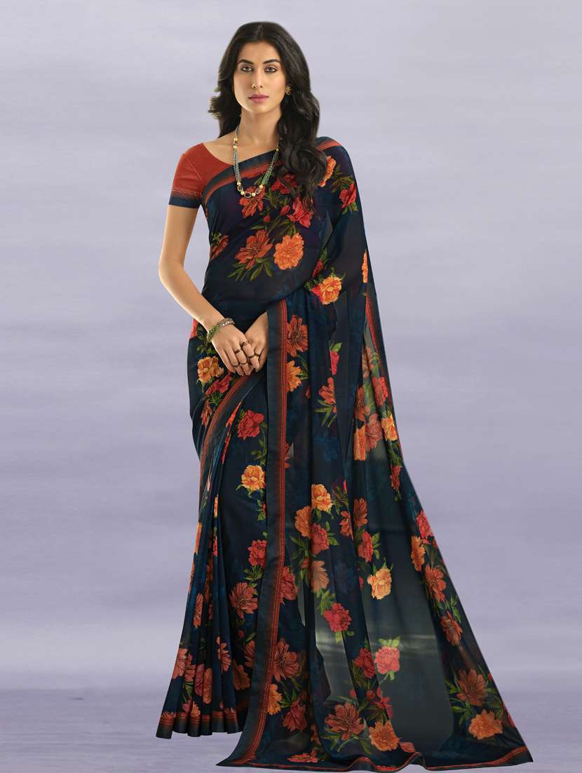 navy georgette printed saree with blouse - 19555309 - Zoom Image - 0