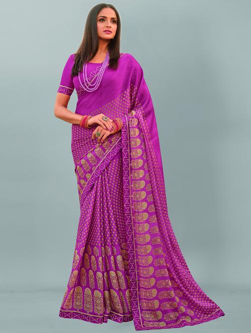 purple printed saree with blouse - 19555321 -  Standard Image - 0