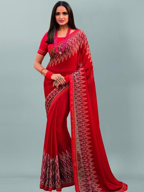 red georgette printed saree with blouse - 19555322 -  Standard Image - 0