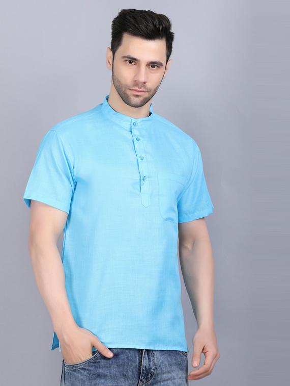 light blue cotton blend short kurta - 19564549 - Standard Image - 1