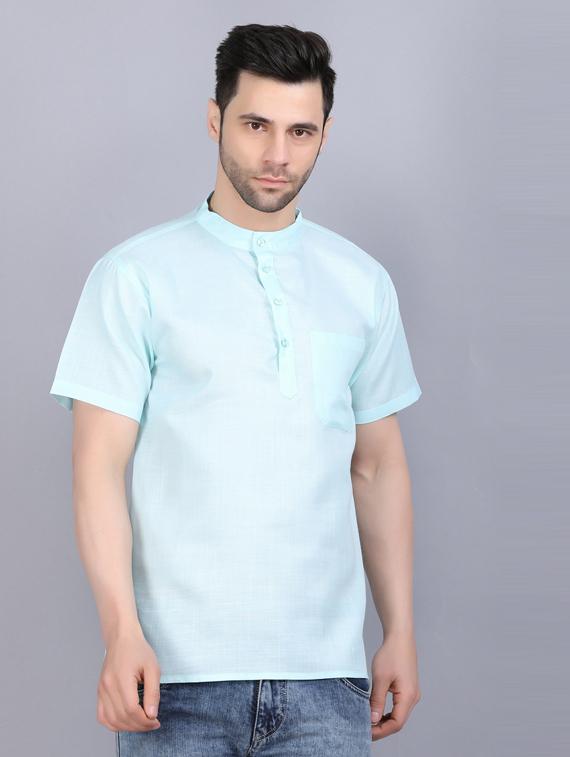 light blue cotton blend short kurta - 19564549 - Standard Image - 4