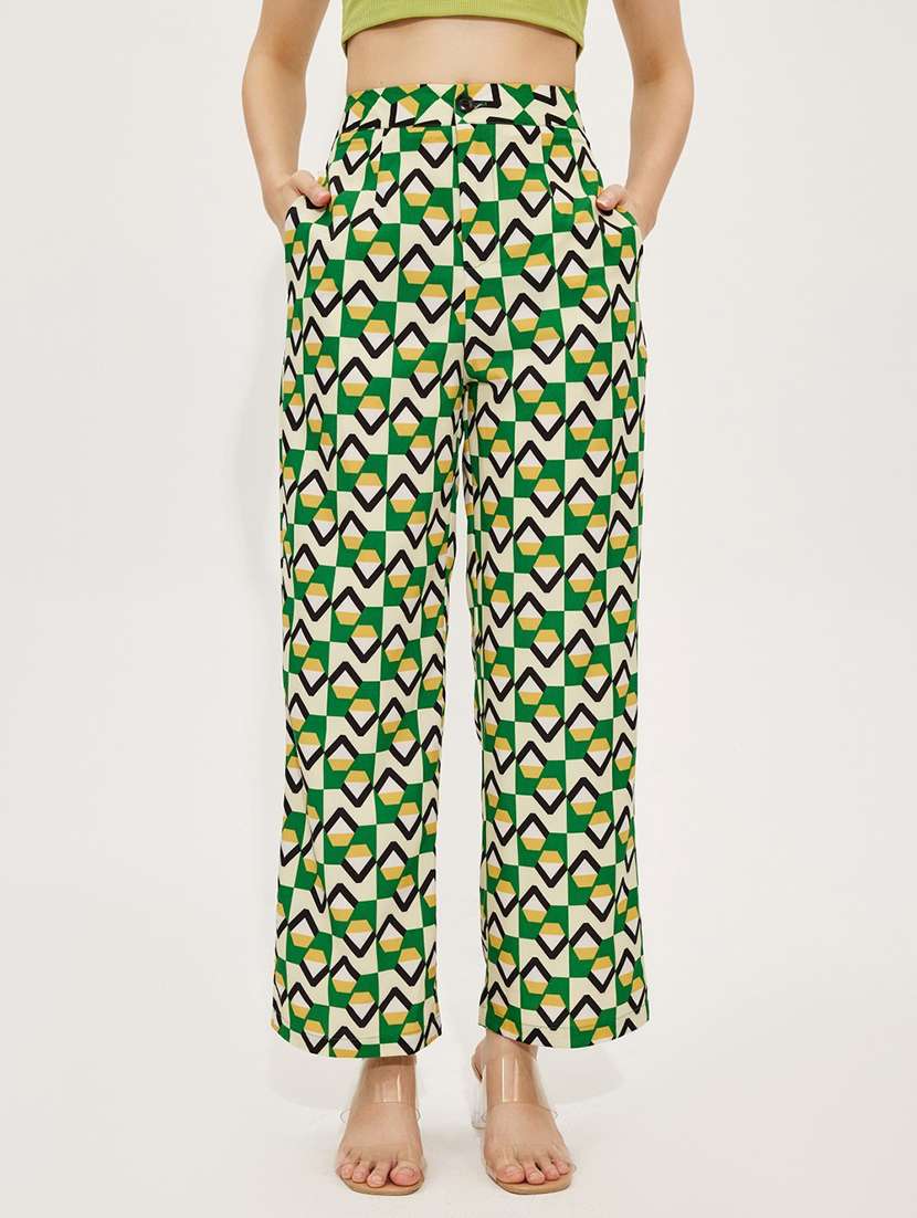 women printed flat front wide leg trouser