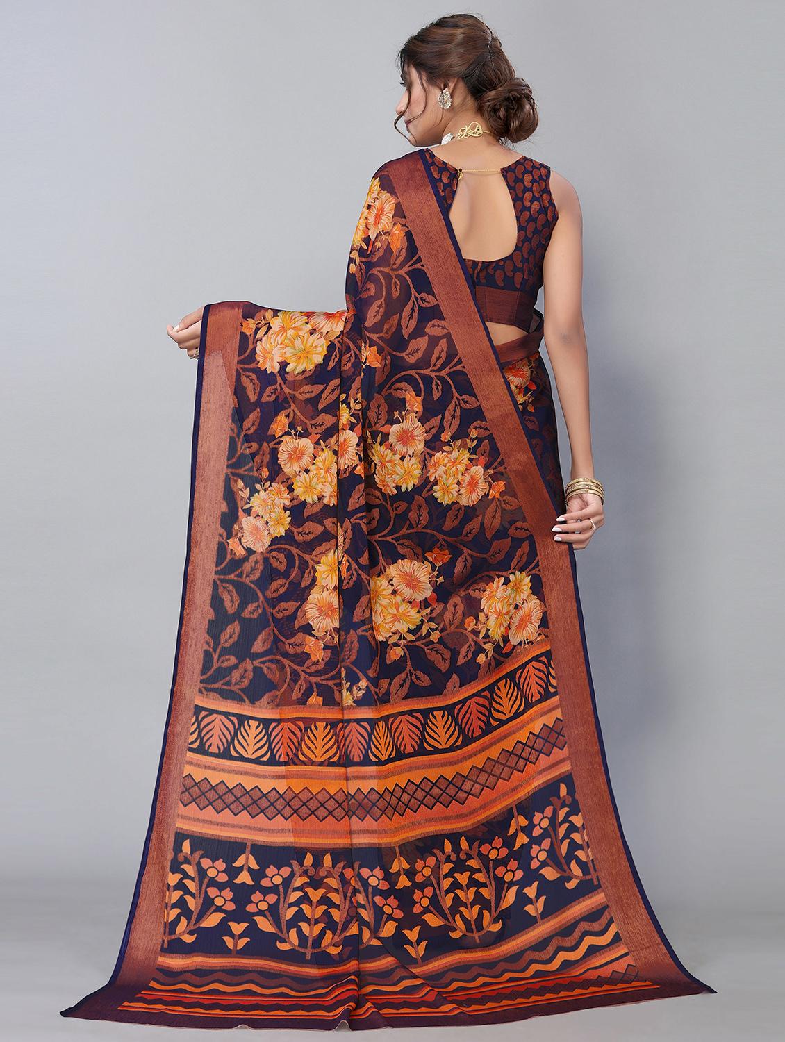 dark blue printed saree with blouse - 19568422 - Standard Image - 1