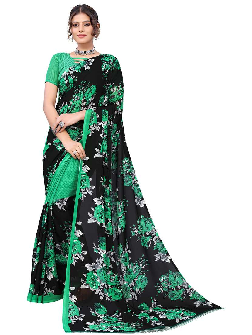 green georgette printed saree with blouse