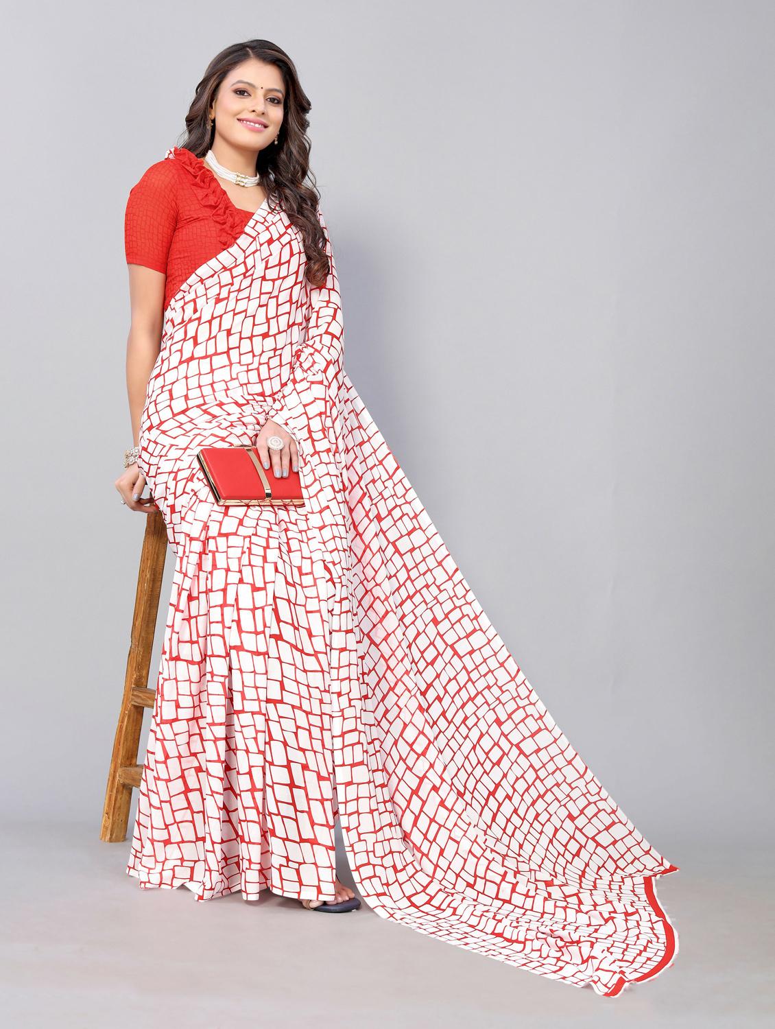 red georgette printed saree with blouse - 19568648 - Standard Image - 1