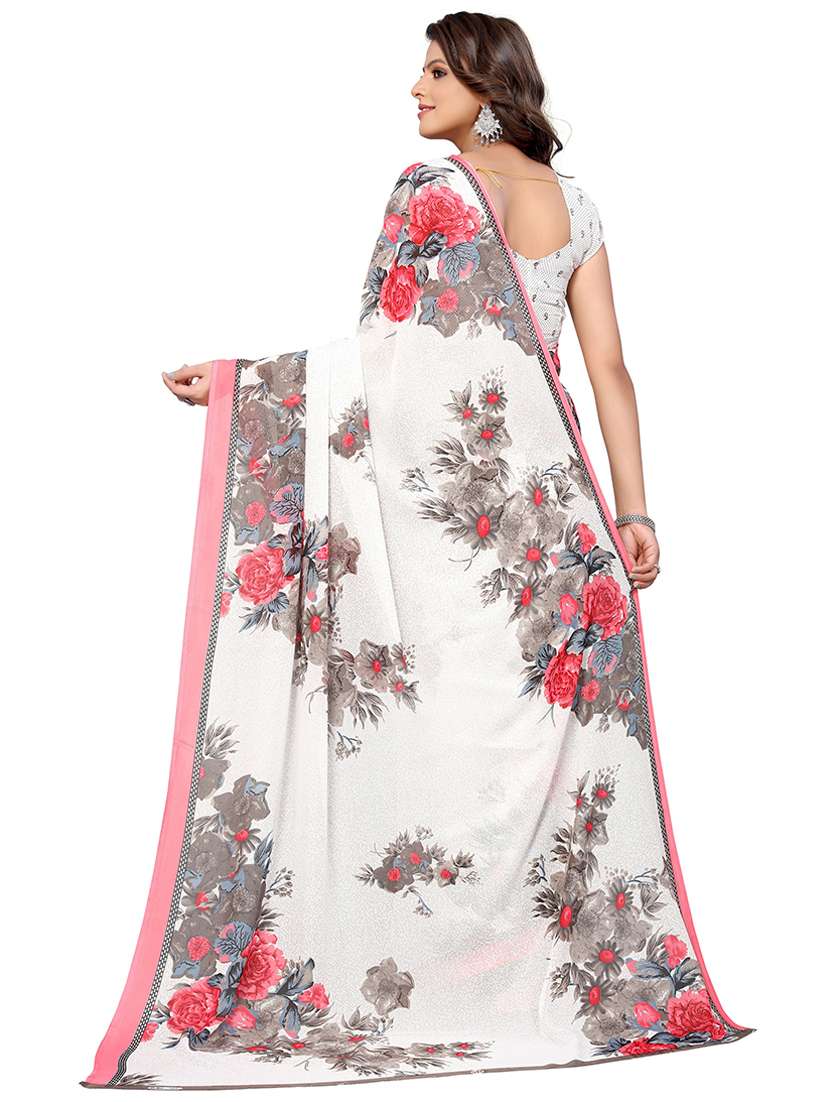 White Georgette Printed Saree With Blouse - 19568669 -  Standard Image - 1