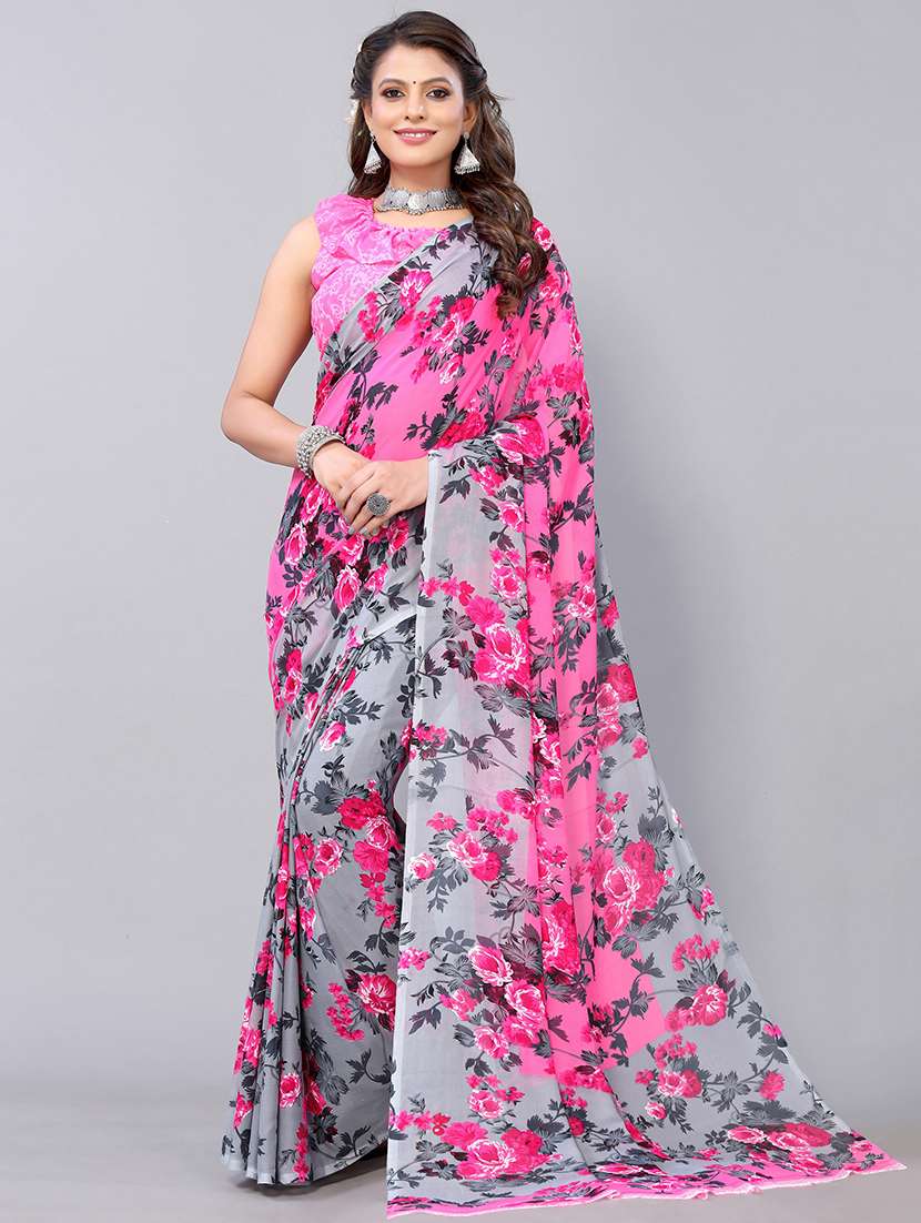 pink georgette printed saree with blouse