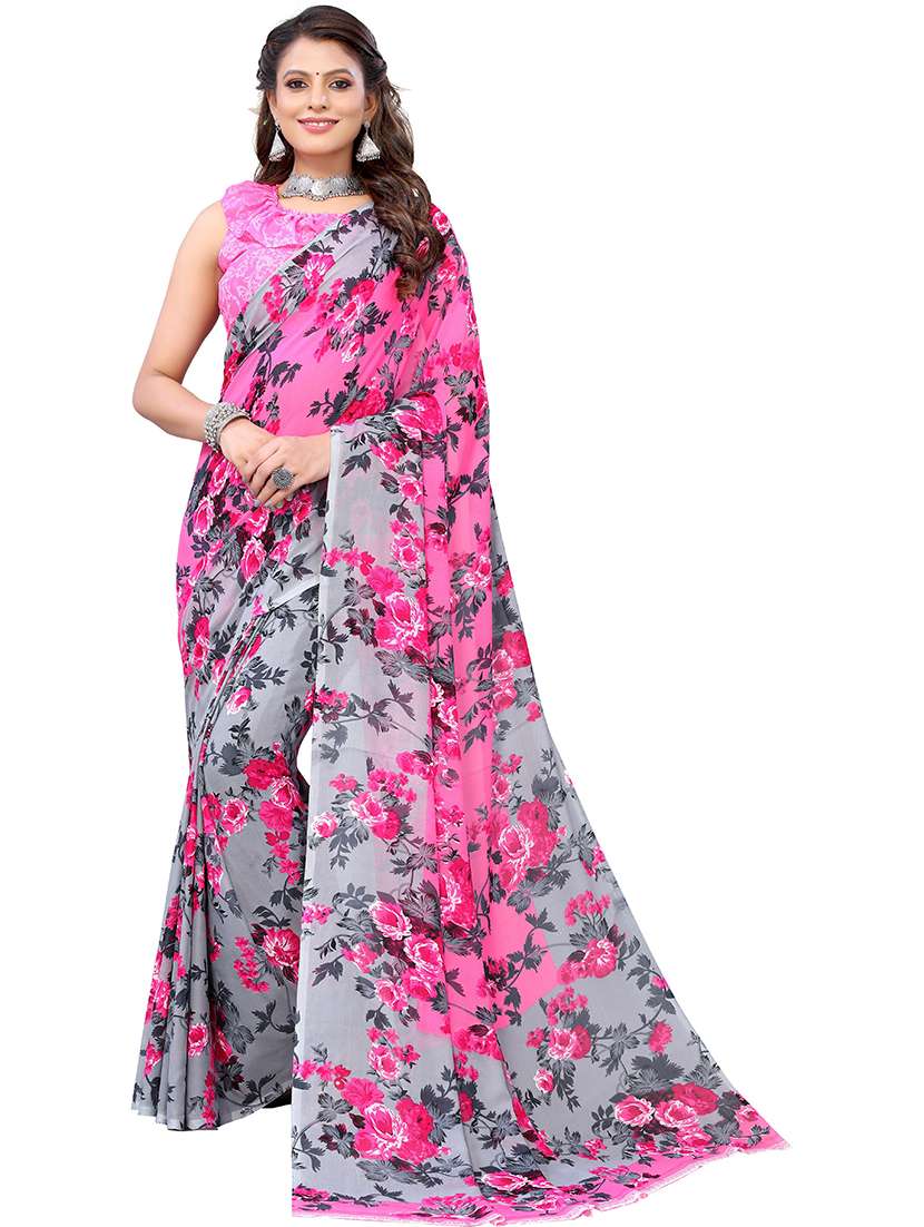 pink georgette printed saree with blouse