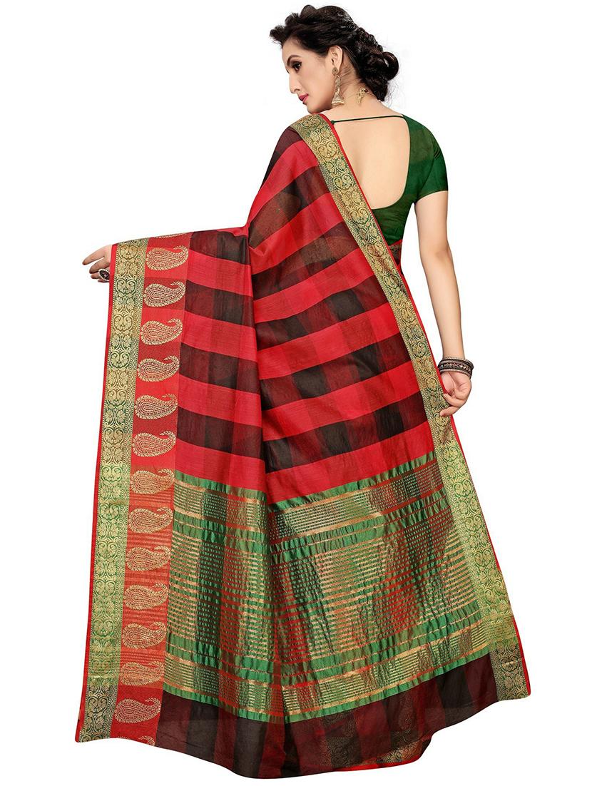 red cotton blend check woven saree with blouse - 19568920 - Standard Image - 1