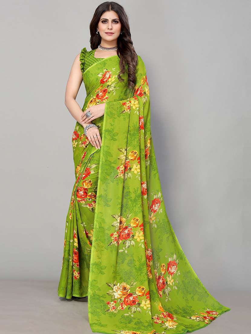  green georgette woven printed saree with blouse