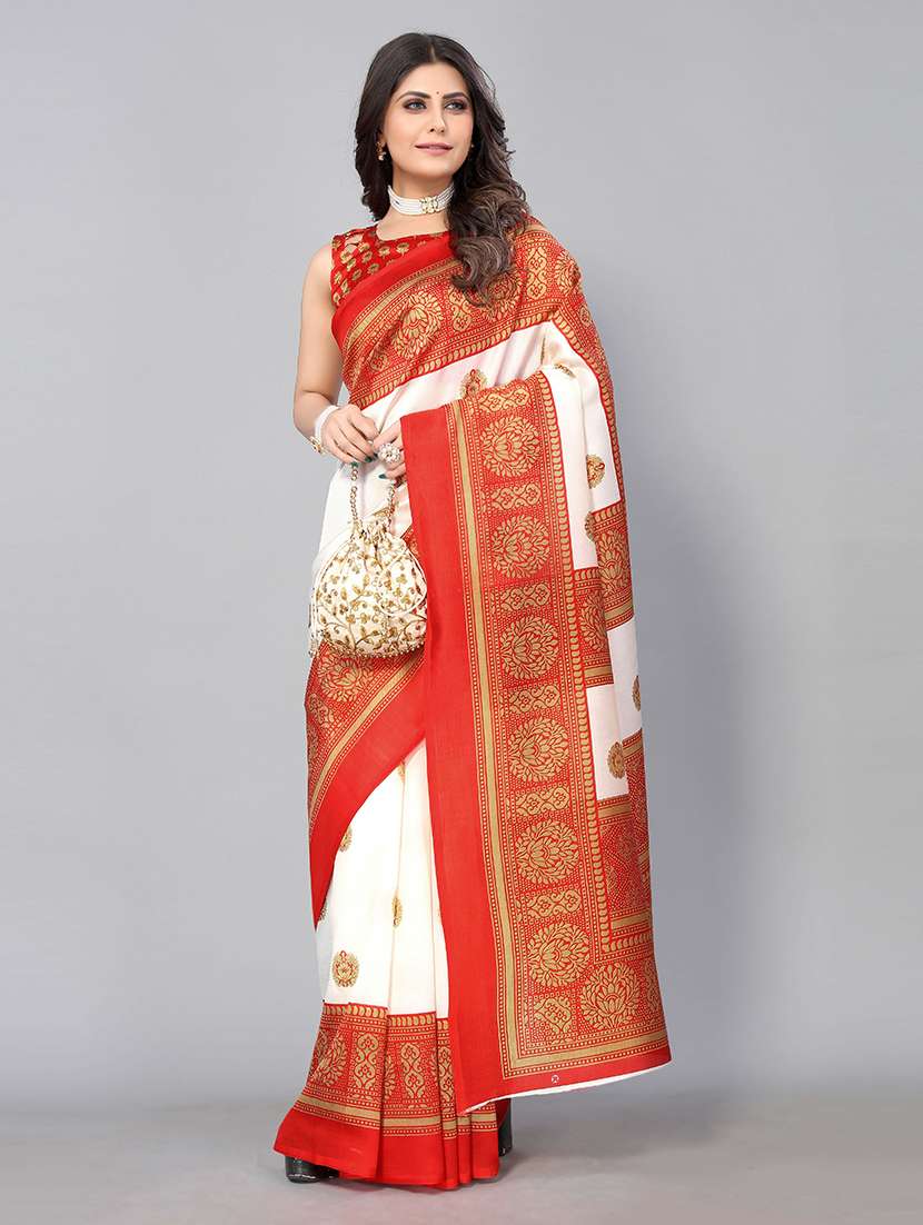white art silk mysore printed saree with blouse - 19569065 -  Standard Image - 1