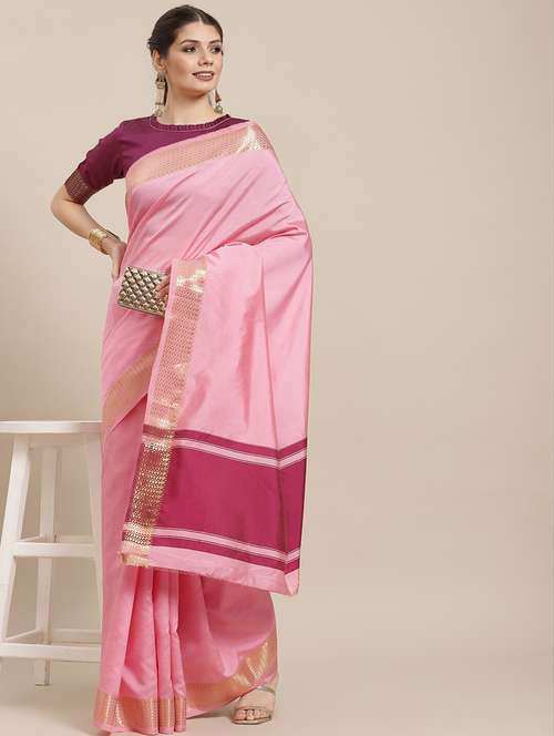 solid pink saree with blouse - 19572720 -  Standard Image - 0