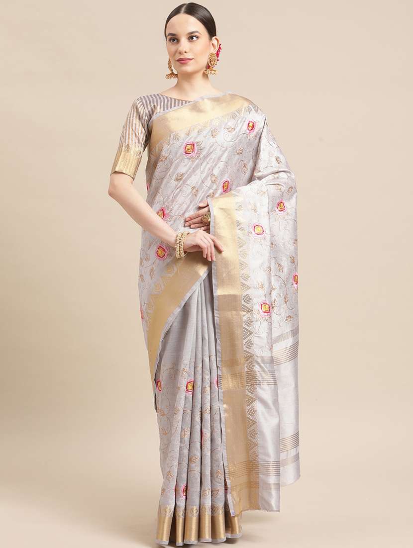 women's self design pearl grey colored saree with blouse