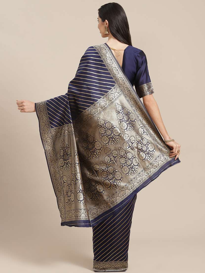 women's stripes navy blue colored saree with blouse - 19572734 -  Standard Image - 1