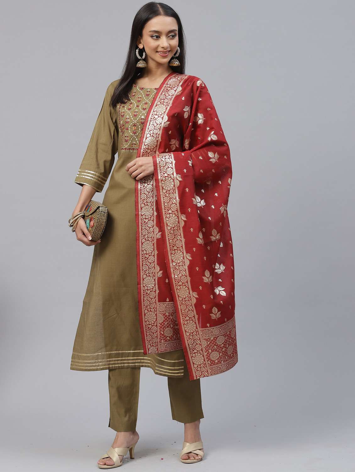 round neck kurta pants set with dupatta - 19572742 -  Standard Image - 1