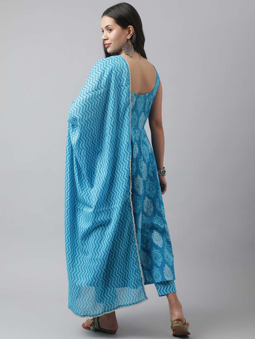 Women Turquoise Sleeveless Kurta Pant With Dupatta Set