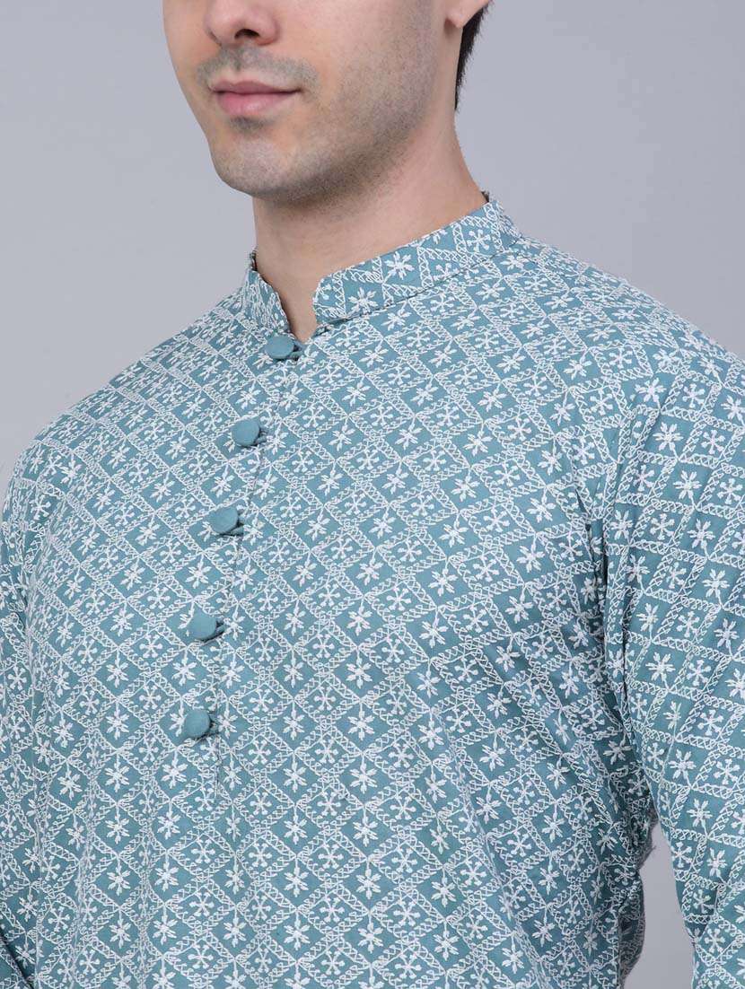 teal blue kurta pyjama ethnic wear set - 19579384 - Standard Image - 4