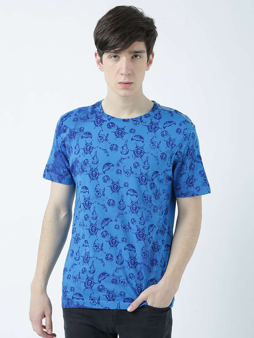 blue printed cotton blend regular t-shirt