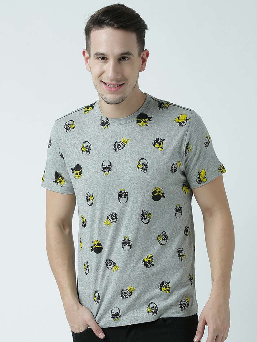 grey printed cotton blend regular t-shirt