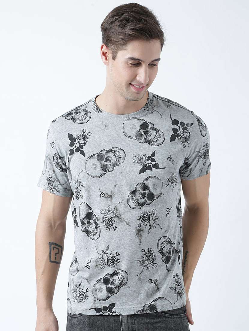grey printed cotton blend regular t-shirt