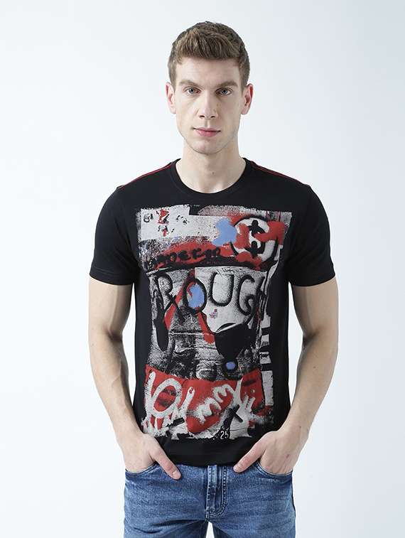 black printed cotton blend regular t-shirt