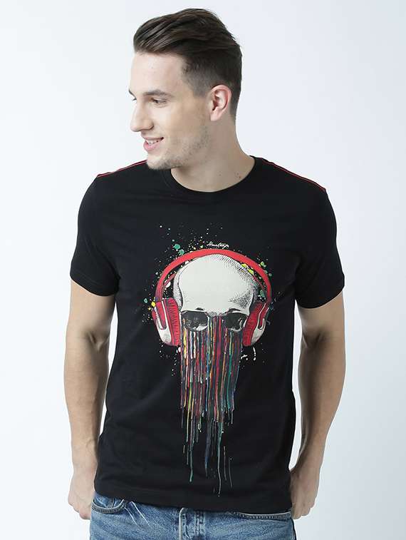 black printed cotton blend regular t-shirt