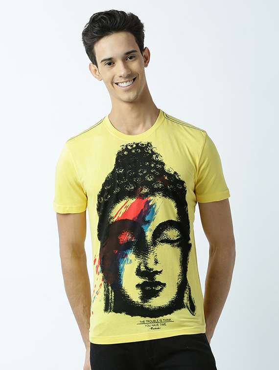 yellow printed cotton blend regular t-shirt