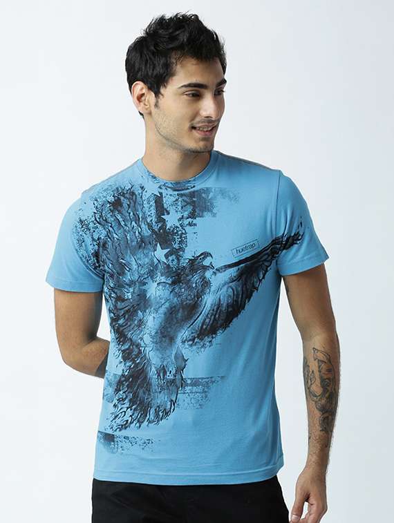 blue printed cotton blend regular t-shirt