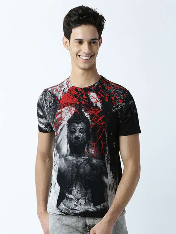 black printed cotton blend regular t-shirt