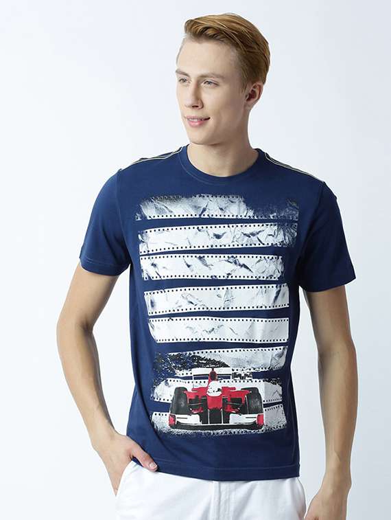 blue printed cotton blend regular t-shirt