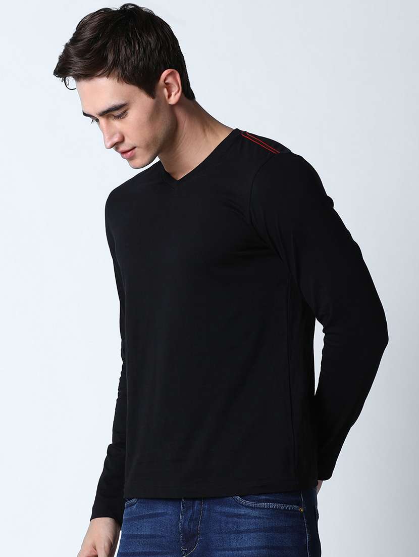 men v neck black solid t-shirt - 19581875 - Standard Image - 1