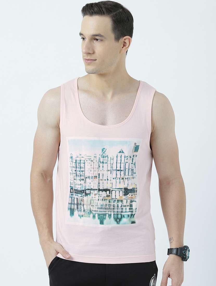 men scoop neck front print sleeveless t-shirt