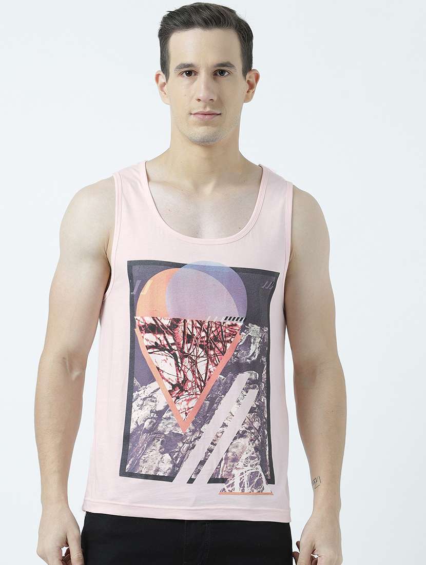men scoop neck front print sleeveless t-shirt