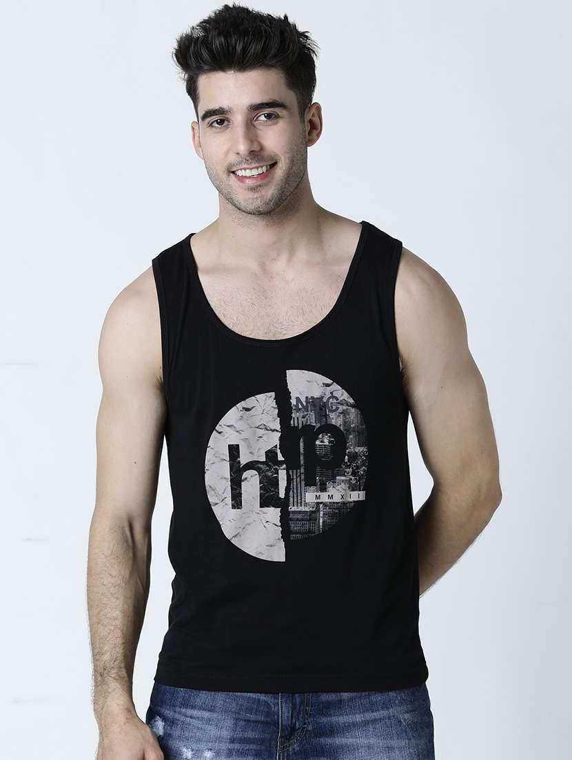 men scoop neck front print sleeveless t-shirt