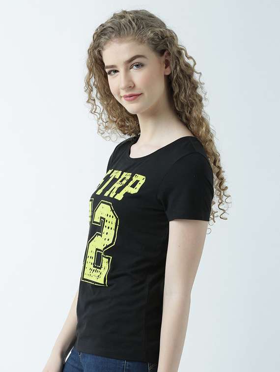 women's chest print round neck t-shirt - 19582811 - Standard Image - 1