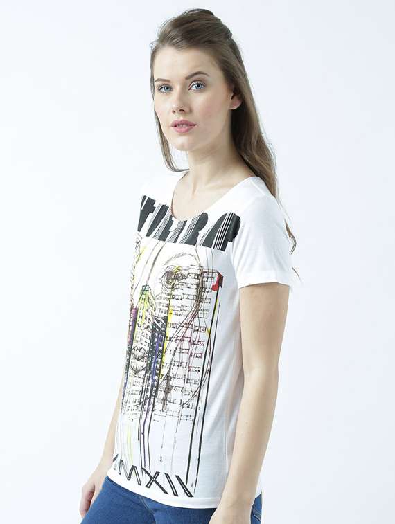 white printed round neck t-shirt - 19582885 - Standard Image - 1