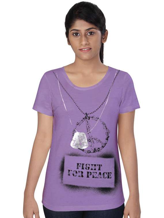 purple printed round neck t-shirt