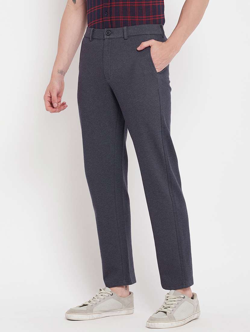 dark blue cotton blend flat front casual trousers - 19586634 - Standard Image - 1