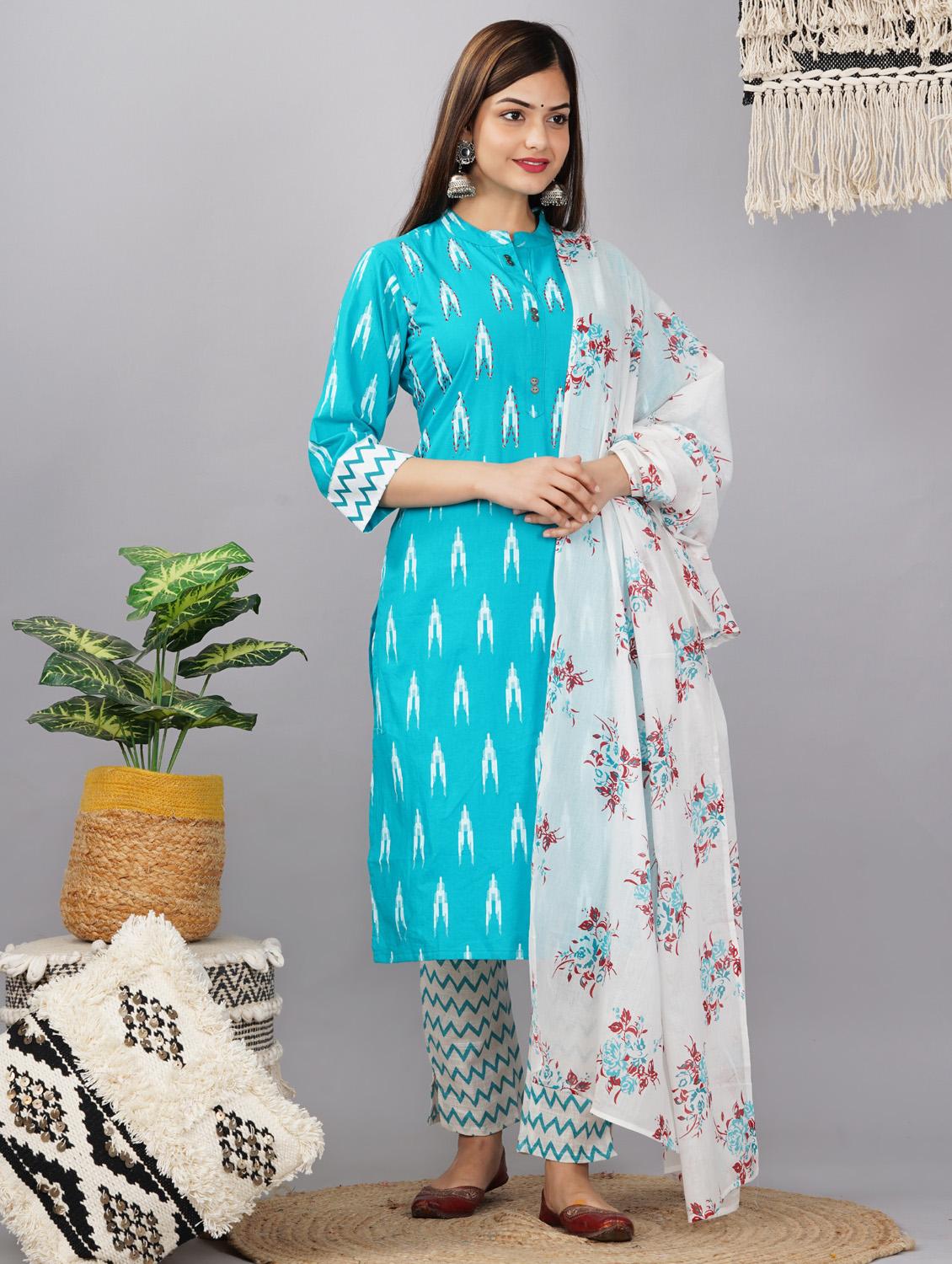 blue colored mandarin collar kurta set - 19586806 - Standard Image - 1