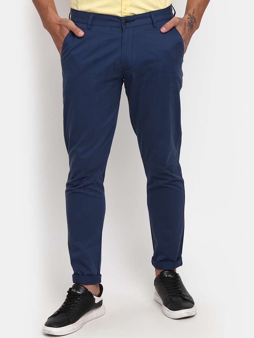 blue solid chinos casual trouser