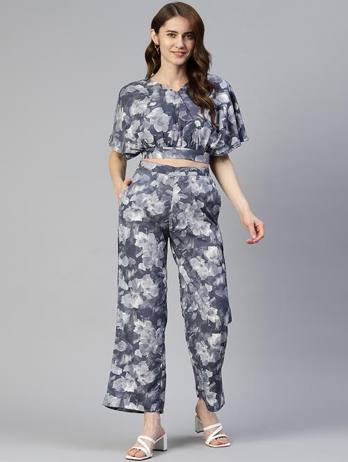 grey cotton blend top and palazzos set coord - 19595614 -  Standard Image - 0