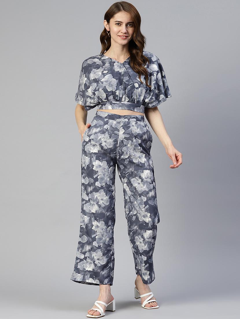 grey cotton blend top and palazzos set coord