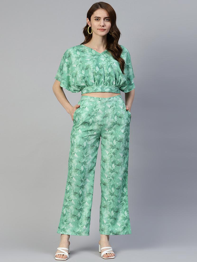 green cotton blend top and palazzos set coord - 19595616 - Zoom Image - 0