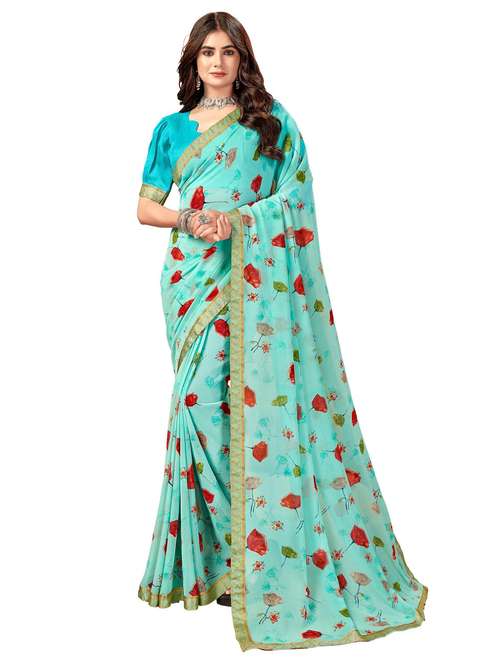 women's printed light blue colored saree with blouse - 19596805 - Standard Image - 0