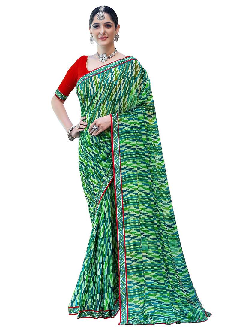 women's geometric green colored saree with blouse