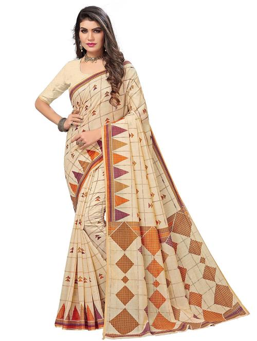 women's checks beige colored saree with blouse - 19596949 - Standard Image - 0